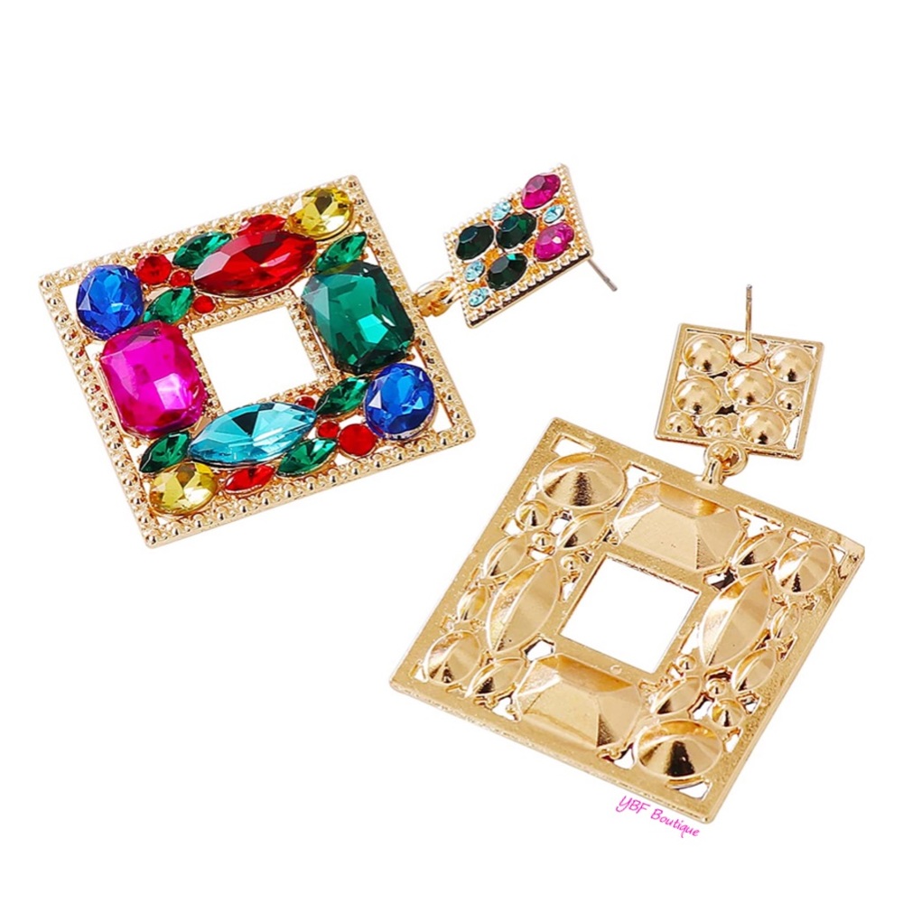 New Blue & Pink Multicolor Jewel Rhinestone Post Drop Statement Fashion Earrings - Picture 3 of 10